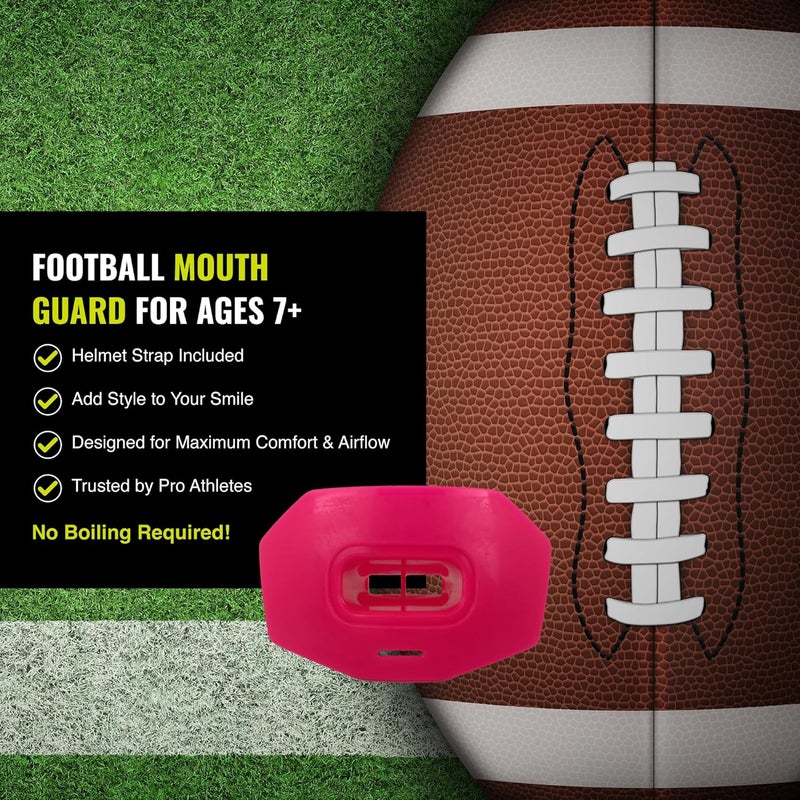 DAMAGE CONTROL Youth Football Mouth Guard – Breathable No Boil Mouthpiece, Protects Lips & Teeth, Works with Braces, Includes Helmet Strap – Sports Gear & Accessories (Hot Pink) - Image 4